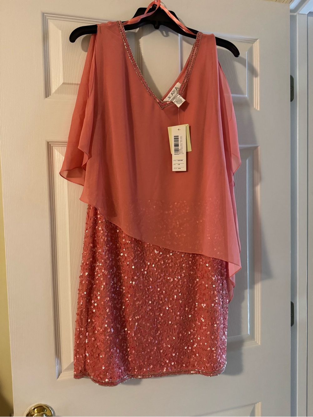 J Kara Coral Pink Beaded Neckline Dress